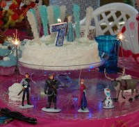 This was Elsa's Ice Castle. The rock candy was supposed to be tiered, but I did have it lit from the bottom and sparklers on it